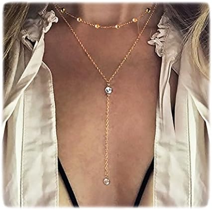 Wowanoo Vintage Double Layer Alloy Crystal Choker Necklace with Long Chain Pendant