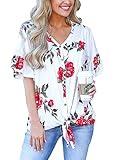 mouzzy Womens Floral Print Tie Front Tops Ruffle Short Sleeve Casual Blouse