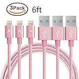 JJCall iPhone Lightning Cable, 3 Pack 6.5 Feet Nylon Braided Sync and Charging Cable/Cord for iPhone7/7plus, iPhone 6s/6/6plus,iPhone SE/5s/5c/5(Rose Gold)