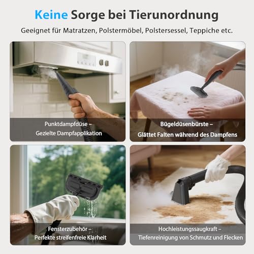 Steam Cleaner 1650 W Upholstery Cleaner Device Wet Vacuum Cleaner with Strong Suction Power, 1250 ml Water Tank, High Temperature Steam Carpet Cleaner for Carpet, Sofa, Curtains, Upholstery, Car Seat