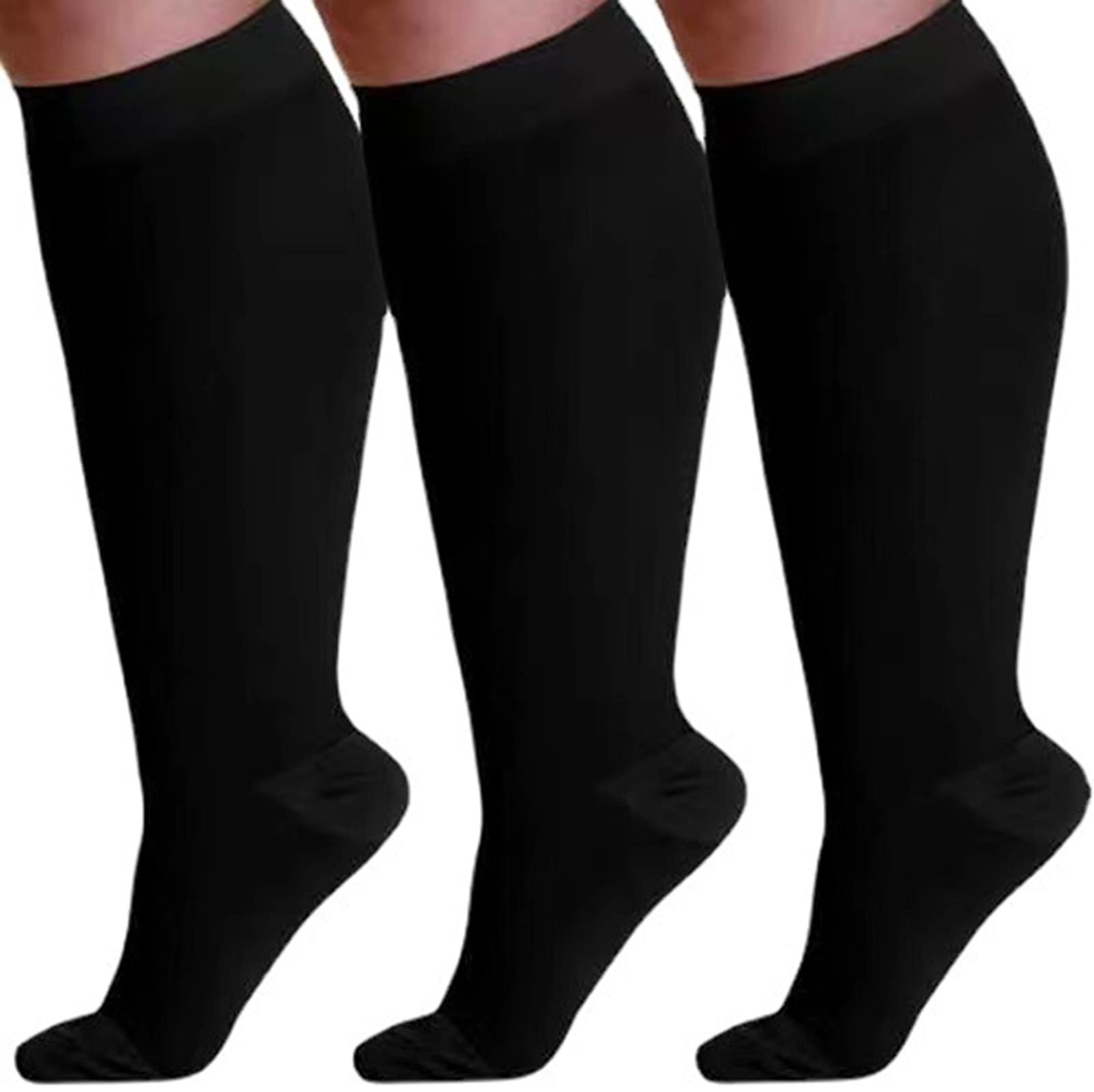 Cheeroyal 3 Pack Plus Size Compression Socks for Women and Men, 20-30mmhg Extra Large Wide Calf Knee High Stockings for Circulation Support (3XL, black)