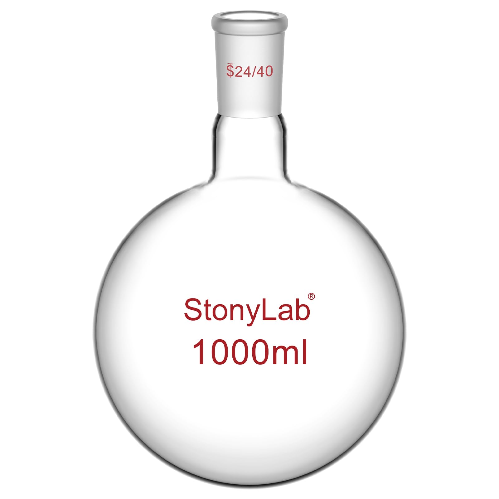 StonyLab 1000ml Glass Single Neck Round Bottom Flask RBF, with 24/40 Standard Taper Outer Joint - 1L (1 Liter)