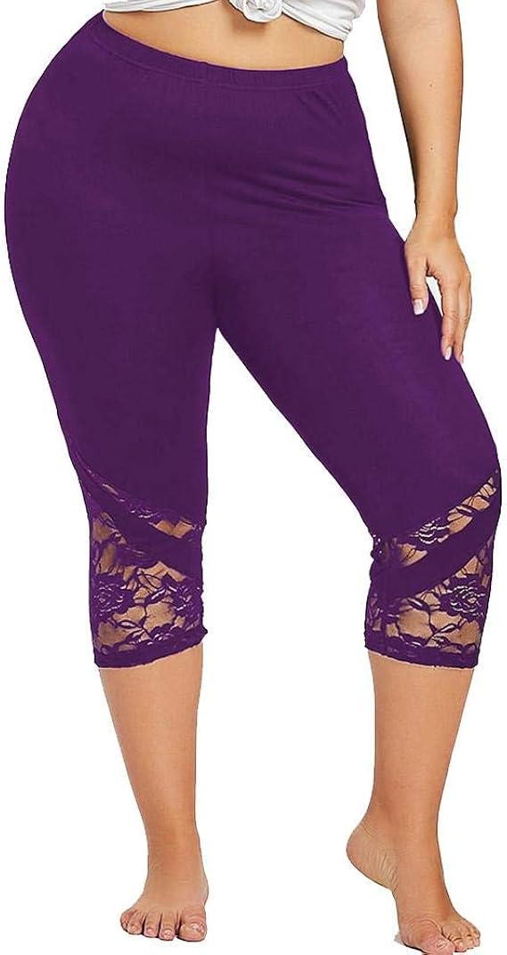 Lace Plus Size High Waist Solid Cropped Trousers High Elasticity Yoga