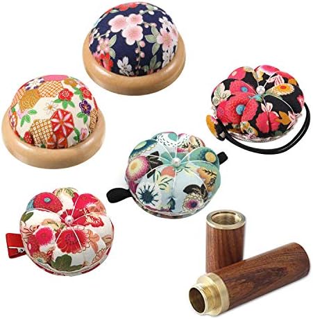 5 Pieces pin Cushion. 1 Pieces Wooden Needle Case. Fanryn Wrist Pin Cushions and Wooden Base Pin Cushions for Sewing Needlework or DIY Crafts