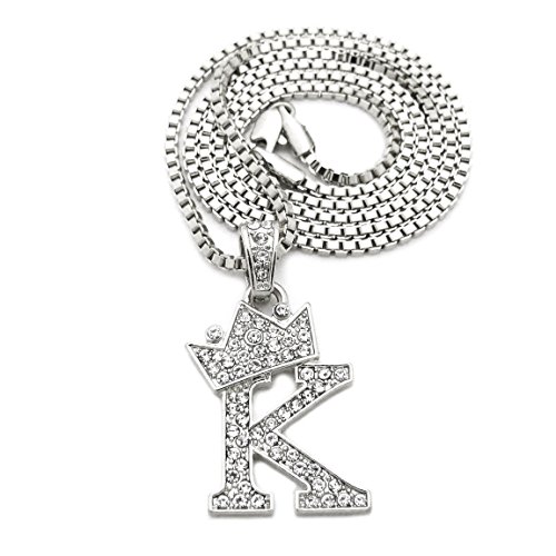 Unisex Small Size Pave Crown Tilted Initial Alphabet Letter Pendant 2mm 24" Box Chain Necklace in Gold, Silver Tone (K - Silver Tone)