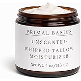 Primal Basics 100% Grass Fed Grass Finished Whipped Beef Tallow Moisturizer/Body Balm for Face, Body, Oily, Dry, Sensitive Skin -Contains Vitamins A, D, E, K -USA Made (4 oz, Unscented)