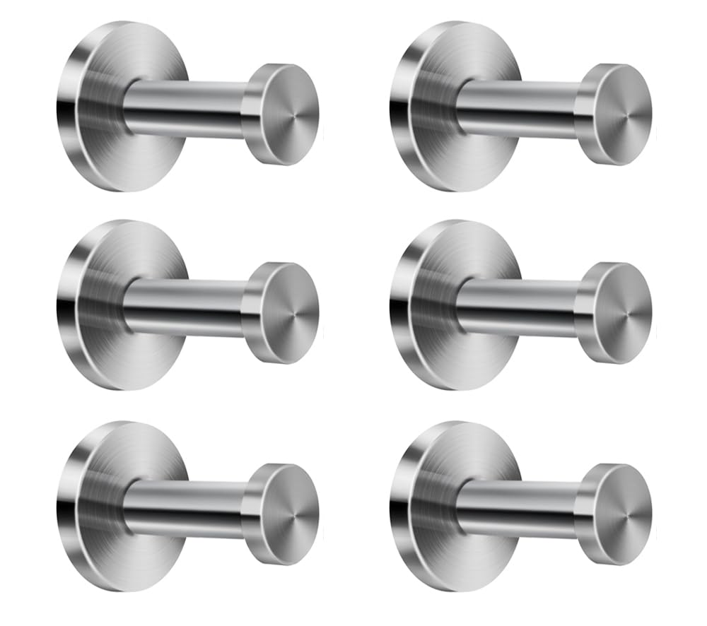 NELXULAS Brushed Stainless Steel Short Bath Towel Hooks Single Super Heavy Duty Wall Mount Hook, Fit for Bedroom,Living Room, Bathroom and Fitting Room, Office,Set of 6 in Pack