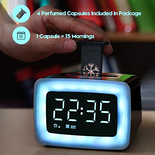 Fragrance Wake-up Alarm Clock for Bedroom, Aromatherapy Essential Oil Capsules,100% Natural Ingredients, 7 Color Night Light & 7 Ringtones, 5-Level Dimmer & Volume, DST, USB Charger, Snooze, 12/24H
