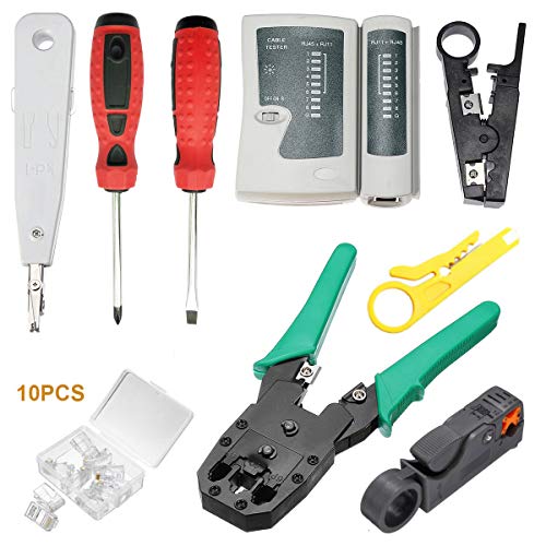 Solsop 9 in 1 Network Tool Kit Professional, Cat6 Cat5e Rj45 Crimp Tool, 8P8C RJ45 Connectors, Cable Tester, 2 Pack Screwdriver, Stripping Pliers Tool Set