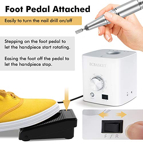 Nail Drill for Acrylic Nails - Electric Nail Drill 30000RPM Electric Nail File Professional Nail Drill Machine Portable Nail File Machine to Remove Gel Polish Nail Gel with Nail Drill Bits Foot Pedal