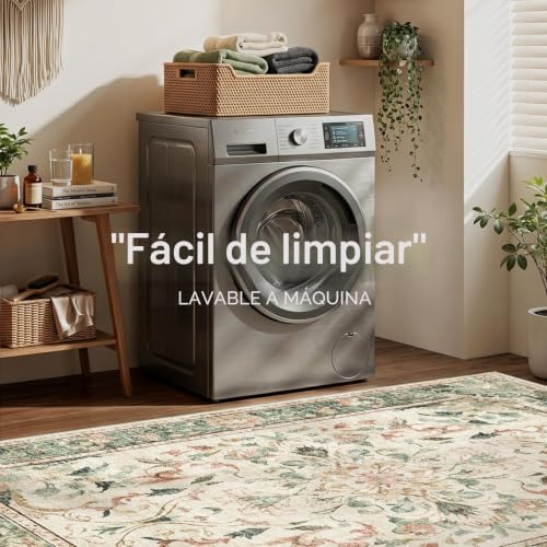 IKALIFE Carpet Salon Vintage 16x230cm Washable Green | Large Machine Washable Rug Short Pile Floral Non Slip Soft Living Room Bedroom Dining Room