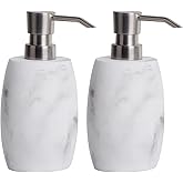 Clasin Home Resin Soap Dispenser Set 2, Refillable Hand Soap Dispenser with White Marble Look and Metallic Pump, Kitchen, Bathroom, Waterproof Labels (12 Oz)