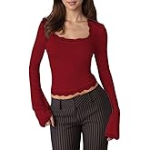GCZREN Women Y2k Lace Trim Square Neck Bell Long Sleeve Crop Tee Shirts Lace Patchwork Slim Fit Going Out Shirts Blouse