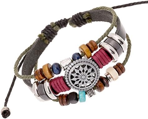 On The Journey Unique Lotus Flower Leather Wood Beads Adjustable Wrap Bracelet Black