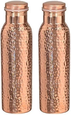 900 ML / 30 oz – Set of 2 - Traveller's 100 % Pure Copper Water Bottle or Thermos Flask Ayurveda Health Benefits - Designer Water Bottles Joint Free,Leak Proof Christmas Gift