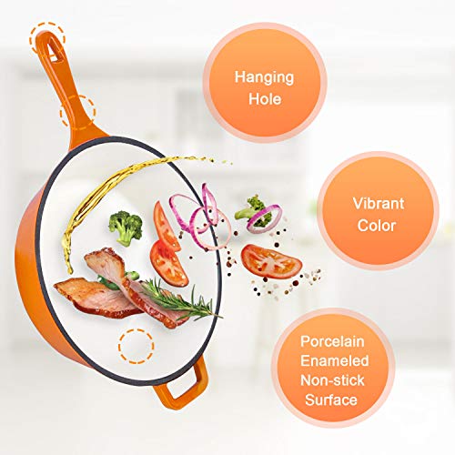 Enameled 2-In-1 Cast Iron Multi-Cooker - Heavy Duty 3.2 Quart Skillet and Lid Set, Versatile Healthy Design, Non-Stick Kitchen Cookware, Use As Dutch Oven Frying Pan (Orange)