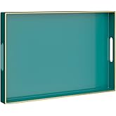 MAONAME Green Serving Tray with Handles, Rectangular Decorative Tray, Modern Coffee Table Trays, Plastic Ottoman Trays for Bathroom, Decor, 15.7” x 11.8” x 1.57"