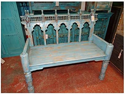 Int D Ailleurs Vieux Banc En Teck Du Sud De L Inde Patine En Turquoise Vm356 Amazon Fr Cuisine Maison