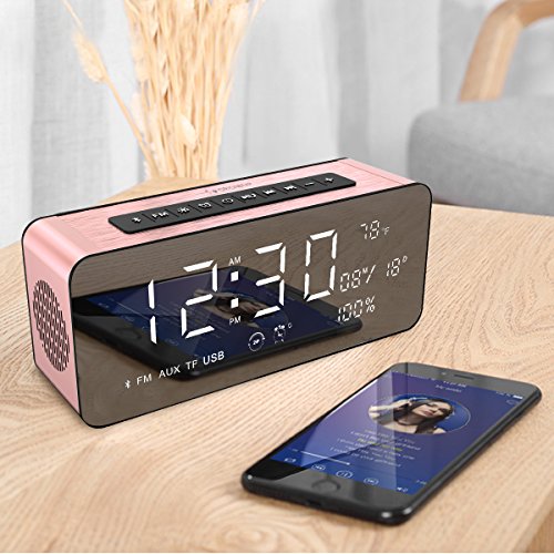 Orionstar Wireless Bluetooth Alarm Clock Radio Speaker with 9.4″Digital Screen Display Dimming &HD Sound, Compatible with iPhone/Android/PC4/Aux/MicroSD/TF/USB, for Office Bedroom Model A10 Pink