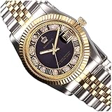 FUTUC Reginald Men's Women's Gold Stainless Steel Watch Black Diamonds Dila Quartz Date Wristwatch 38MM