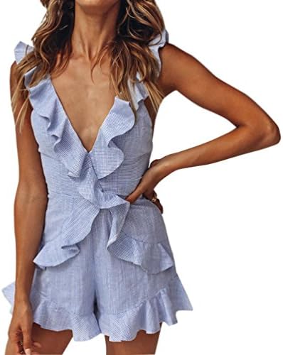 Yihaojia Women Summer Romper Striped V Neck Ruffled Tie Playsuit Jumpsuits Beach 2 Piece Outfits