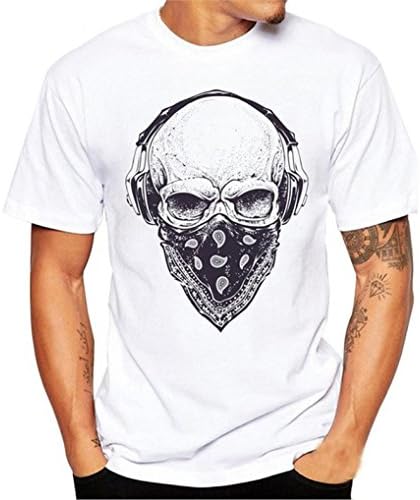 Shubuy Men's Crew Neck T Shirt Short Sleeve Tees Skull Priting Men's Fashion Printed T-Shirt (L, White)