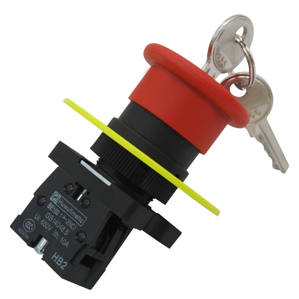 mxuteuk 1NC Red Mushroom Switch AC 660V 10A 22mm Red Mushroom Emergency Stop Push Button Switch Key Reset with Emergency Stop Sign ,HB2-ES142 - Image 4