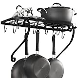 VDOMUS Square Grid Wall Mount Pot Rack, Bookshelf Rack with 10 Hooks, Kitchen Cookware, 24 by 10-inch, Black ()