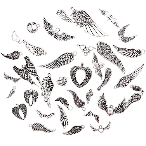 KeyZone 36 Pcs Vintage Silver Plated Assorted Angel Wings Charms Pendants DIY for Jewelry Making and Crafting
