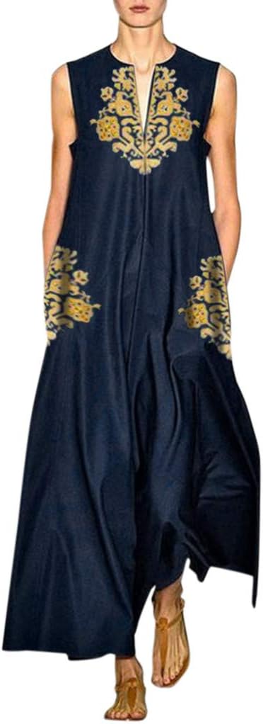 Women's Plus Size Vintage Daily Dressm, Casual Sleeveless V Neck Embroidery Summer Dress