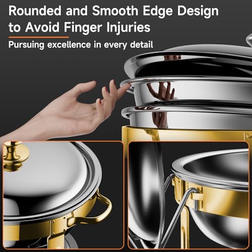 Chafing Dishes for Buffet, 4 Pack 5QT Round Stainless Steel Chafing Dish Set for Home Parties, Christmas Gatherings, Catering Events Complete Buffet Warmer Set (Golden, 4PACK)