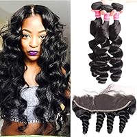 Bestlove Mink Hair Loose Wave 3 Bundles with Free Part 13x4 Ear to Ear Lace Frontal Brazilian Human Hair Extensions Black Color (16 18 20 with 14 Frontal)