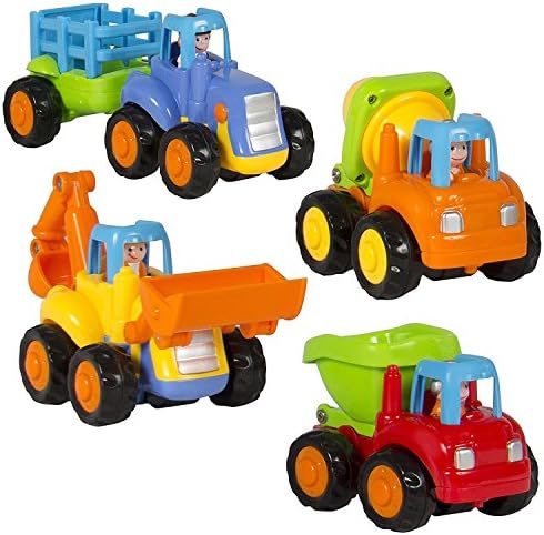 Toddler Baby Toy Push and Go Friction Powered Car Toys Sets of 4 Tractor, Bulldozer,Cement Mixer, Truck Dumper Push Back Cartoon Play for Toddlers Kids 1 2 3 Years Old's Educational Toy Set