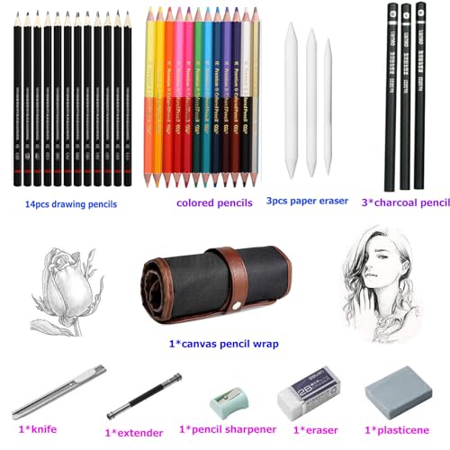HOTCOLOR Drawing Pencils Set, 36pcs Art Supplies Set Sketching Pencil Set with Graphite Pencils,Dual Ended Color Pencils,Charcoal Pencils Set for Artists Adults Kids Beginners