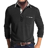 Mens Long Sleeve Polo Shirts Casual Button Moisture Cotton Tees Stylish Tops Golf Shirts with Pocket
