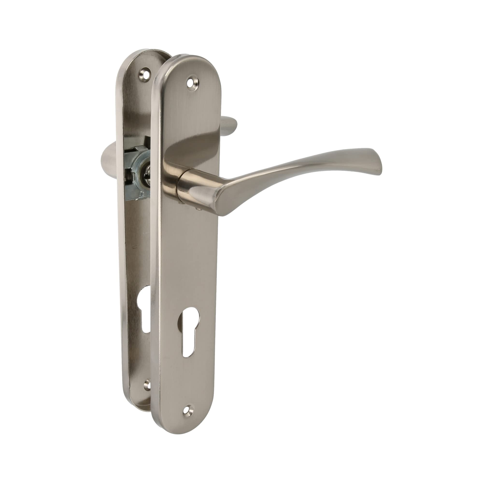 Amig - Set of Handles with Steel Plate for Doors | ISHI PB85 | 240 x 45 mm | 8 mm Square | Elegant and Simple Design | with Key | Brushed Nickel Aluminium