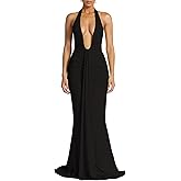 SHINFY Women Summer Halter Maxi Dress Ruched Bodycon V Neck Formal Cocktail Party Evening Dress