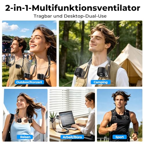 POIFL Ventilador De Cuello, Ventilador De Cuello Portátil De 4000 Mah Con Usb y 6 Velocidades, Ventilador De Cuello De Doble Cabezal y Flujo De Aire De 360°, Para Viajes, Desplazamientos, Exterior
