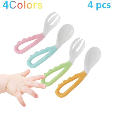 cholinchin 4 Stück Temperaturempfindlich Einfach zu halten Baby Löffel und Gabel Set mit Gebogen Griff Weich Lernen Besteck f