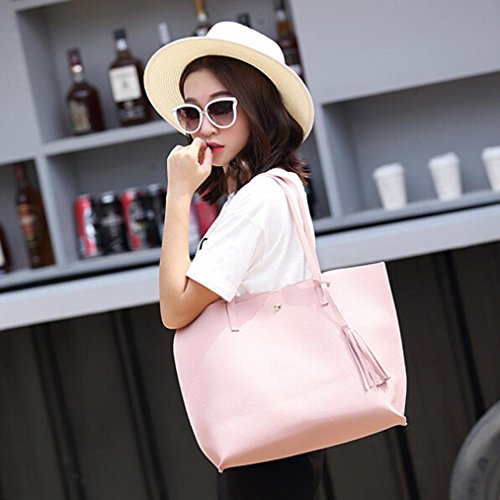 Women Girls Tassels Leather Tote Shoulder Bags Satchel Handbags Large Laptop Purses (Pink)
