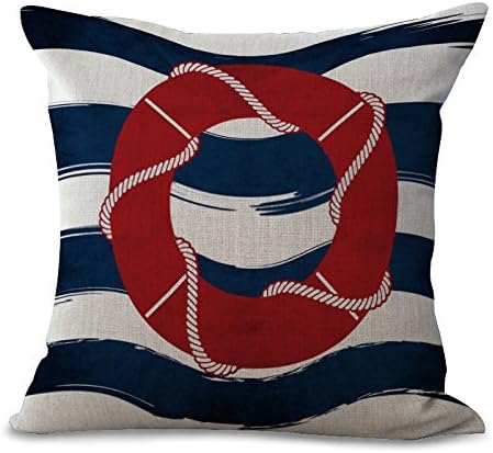 Miracle Dec Stripes Buoy Pattern Linen&Polyester Square Throw Pillow Covers Cushion Cases Textured (18"x18", Blue&Red)