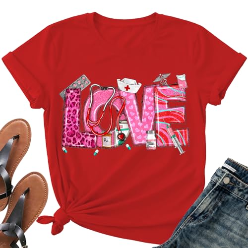 Valentines Day Nurse Shirt Women-Cute Valentines Love Short Sleeve Nursing School Tee Tops Red