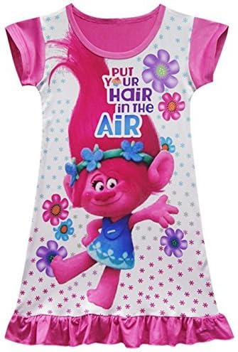 KIDHF Trolls Comfy Loose Fit Pajamas Girls Printed Princess Dress (110/4-5Y, Red)