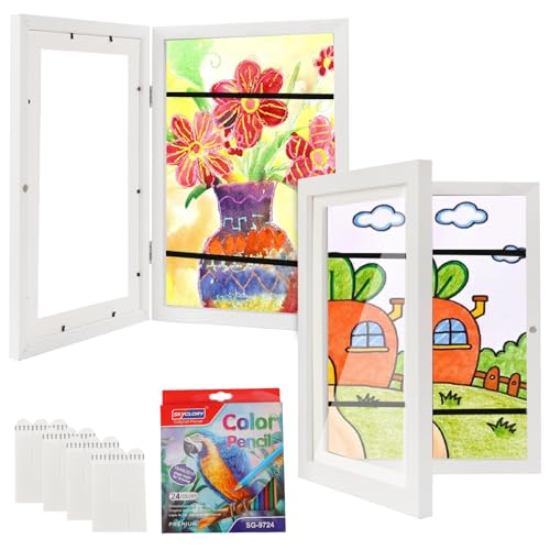 2 Pack Kids Artwork Frames Front Opening - Changeable Kids Art Frame 8.5x11 with Mat 10x12.5 without Mat, Kids Art Storage Frame Display with 24-Color Pencils & Damage-Free Reusable Hanging Strips - White at Amazon