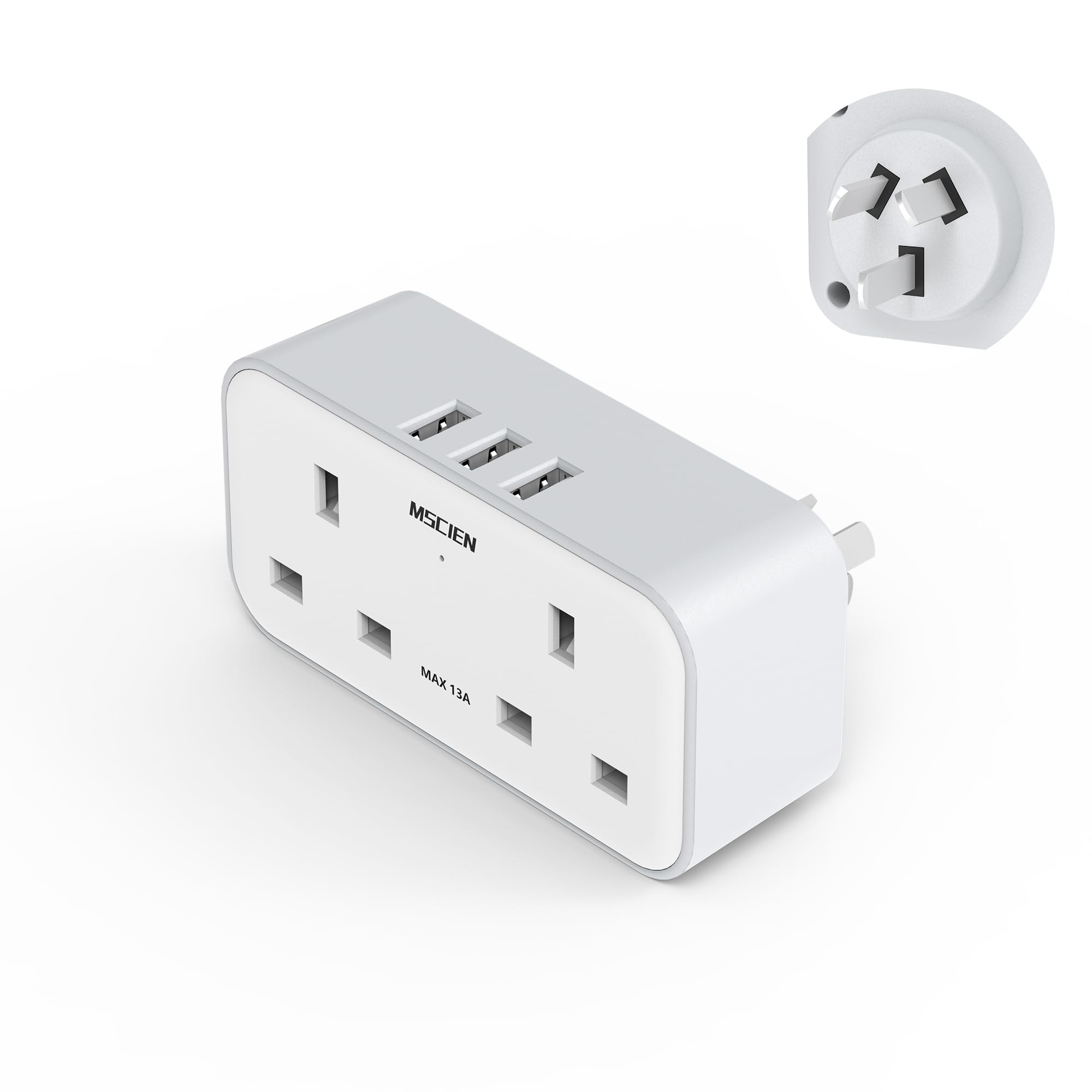 UK to Australia Plug Adapter With 3 USB, Grounded Australian China New Zealand Travel Plug Adaptor, Double Outlet UK with Dual 2 Pin Socket at The Bottom for AUS NZ Argentina Fiji (Type I)