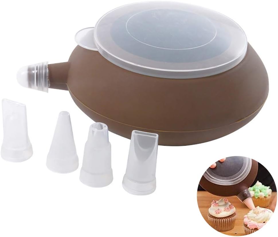 Asien 1 Set Silicone Macaroon Baking Set Tube Muffin Piping Pot Kit with 4 Nozzle Tips Cake Decorating Tool(Coffee)