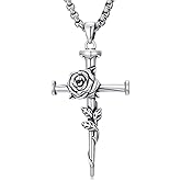 Flpruy Nail Cross Necklace for Men 925 Sterling Silver Three Nail Cross Pendant Rose Cross Necklace Gothic Christian Jewelry for Women Men