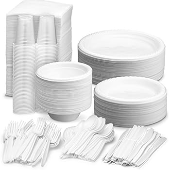 plates plastic disposable bowls cups spoons forks sets dinnerware oz napkins supplies includes inch paper knives buffets weddings event any