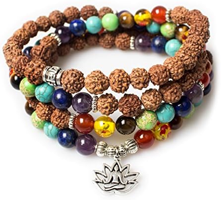 Jewelry 8MM White Howlite Healing 108 Buddhist Prayer Mala Beads Lotus 7 Chakra Bracelet Necklace