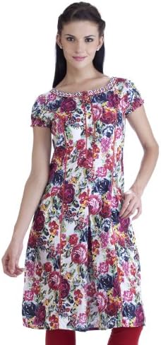 MB Womens Ethnic Floral Printed Tunic with Red Piping WHITE/PINK 34